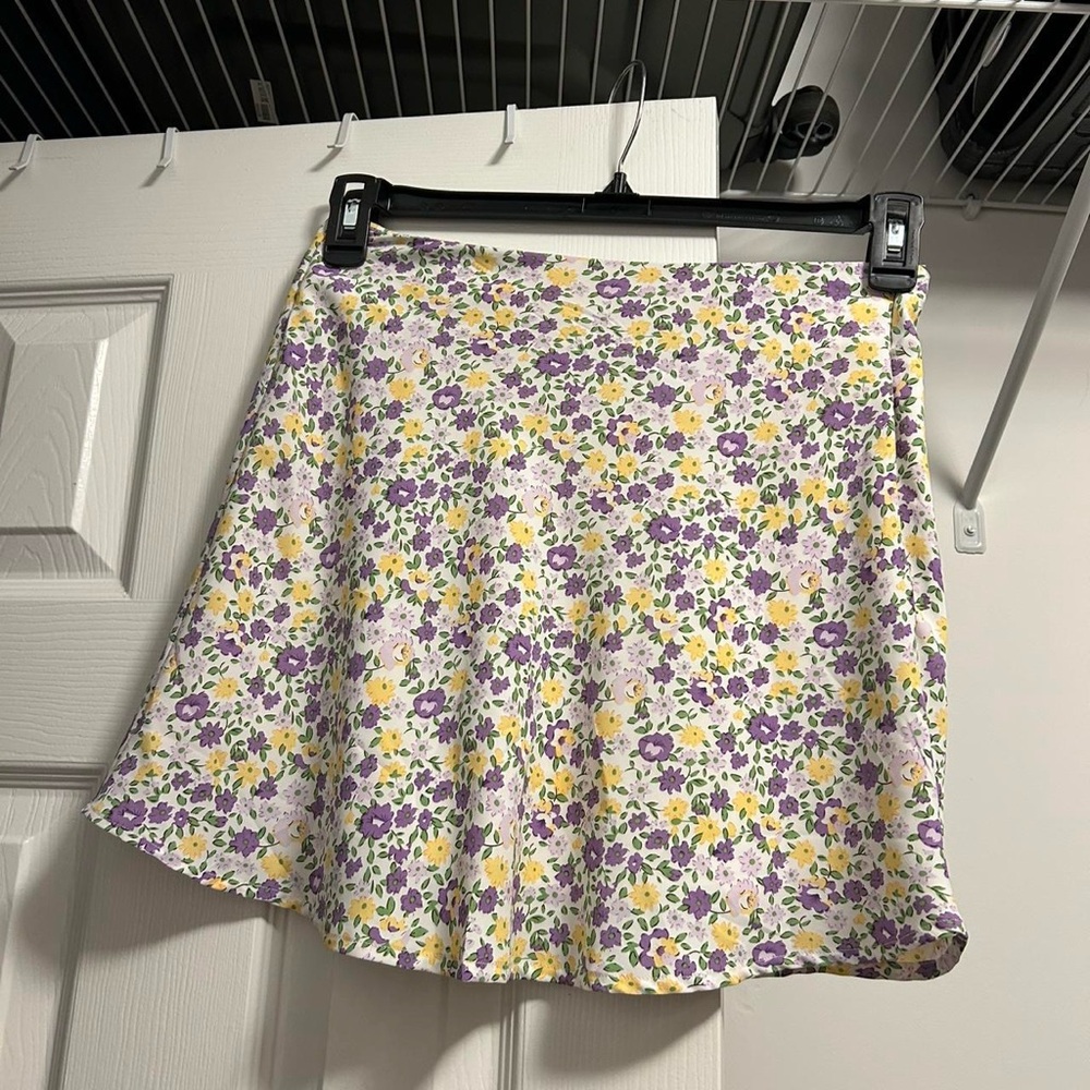 Purple & Yellow Satin Floral Mini Skirt